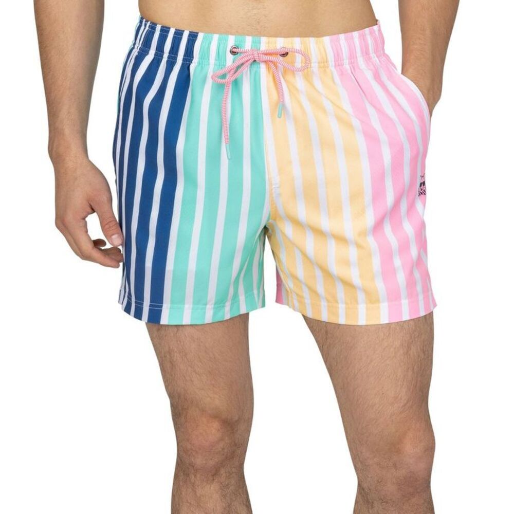 Party Pants Men's Jersey Swim Shorts - Blue/Yellow/Pink Stripes XL
